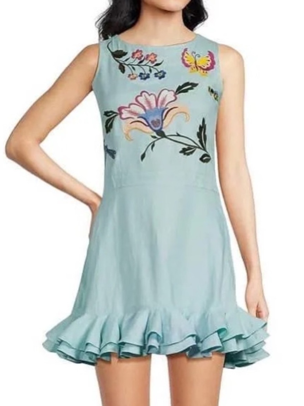 Fanm Mon Flirt Dress Blue Embroidered Floral Bee Linen Ruffle Hem Size XL NWT